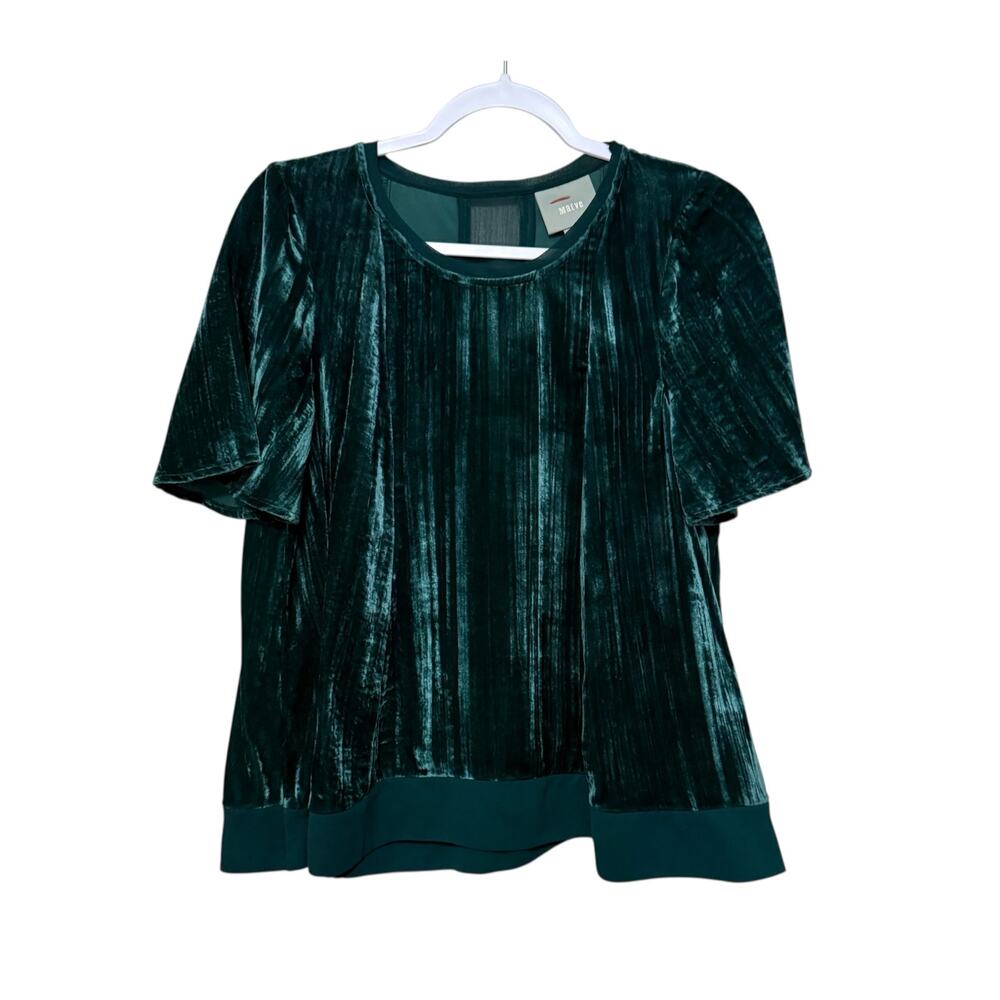 Maeve Anthropologie Emerald Green Crushed Velvet Mesh Back Short Sleeve Top